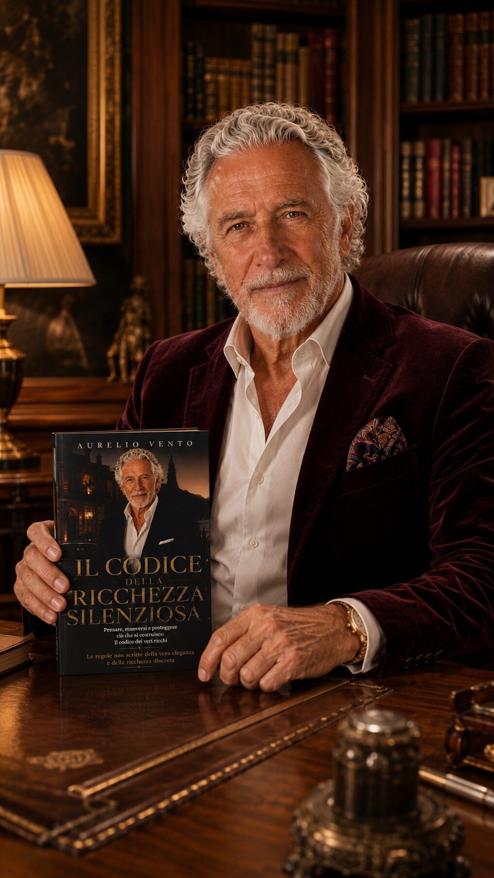 Aurelio Vento con il libro, nel suo studio