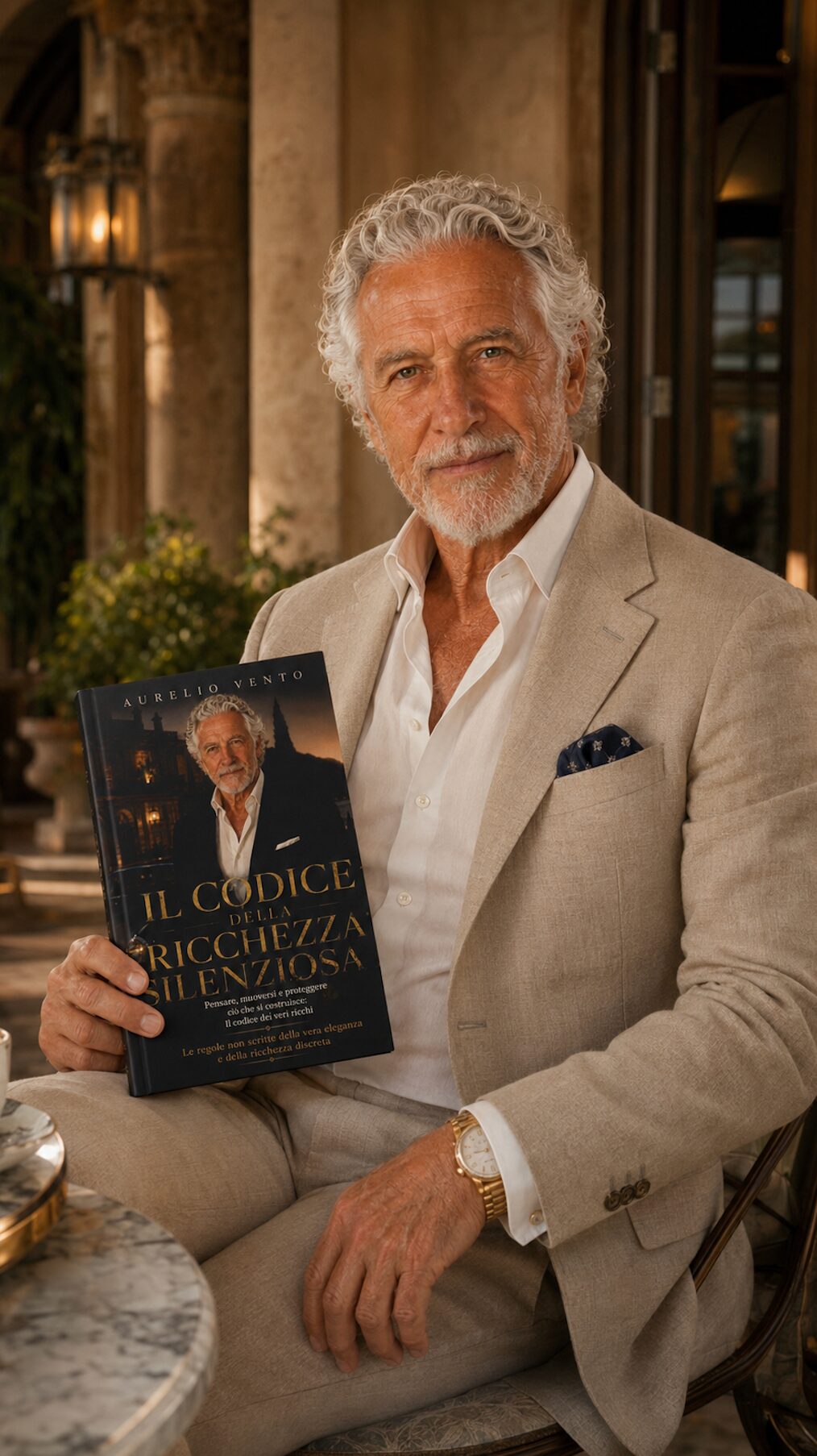 Aurelio Vento con il libro, in terrazza
